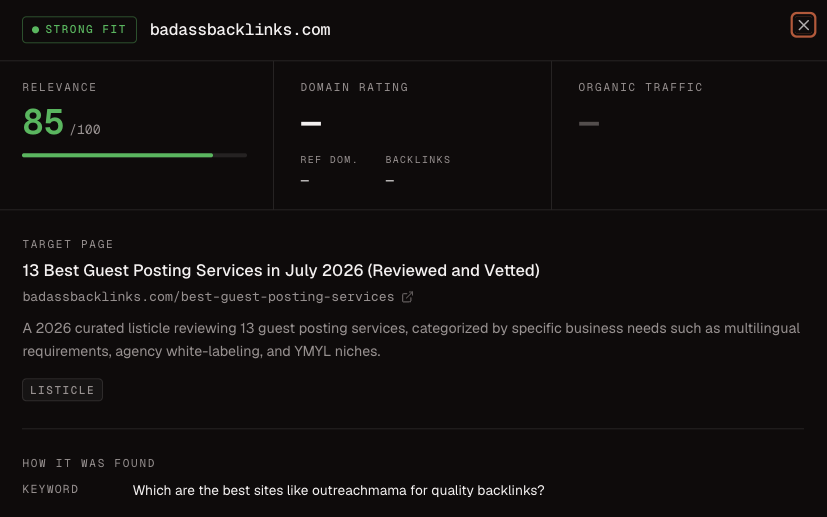 ChatGPT Sources prospect details showing relevance, target page, page type, and discovery keyword