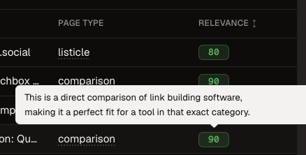 Relevance score explanation for a direct comparison page