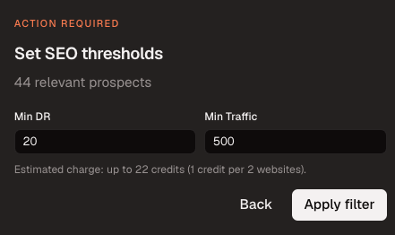 AI Agent approval card for minimum Domain Rating and traffic thresholds