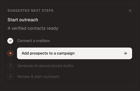 Suggested outreach steps showing Add prospects to a campaign