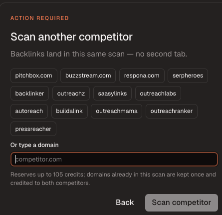Scan another competitor card with saved competitors and a custom domain field