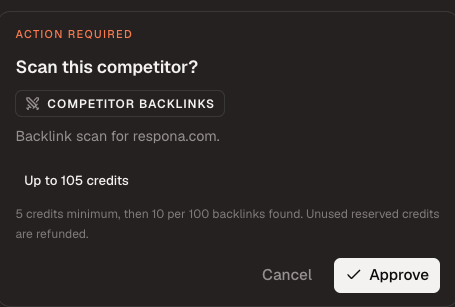 AI Agent approval card for scanning a competitor's backlinks