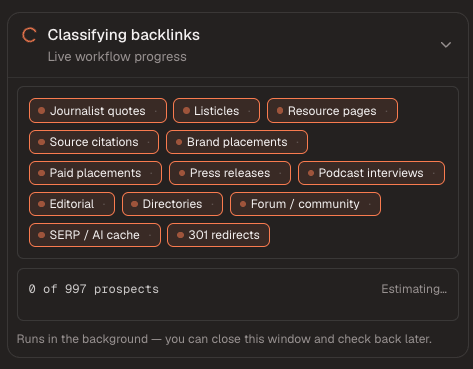 Live progress while competitor backlinks are classified by type