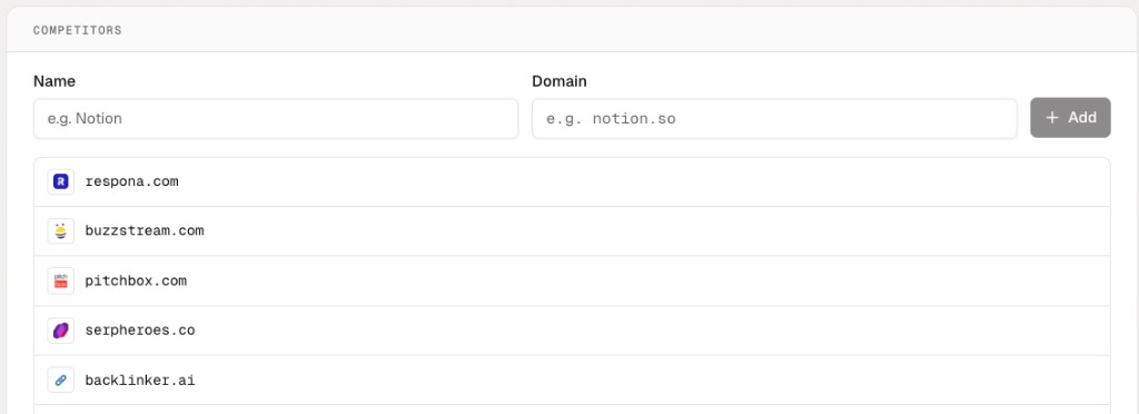 Competitor settings with name and domain fields above the saved competitor list