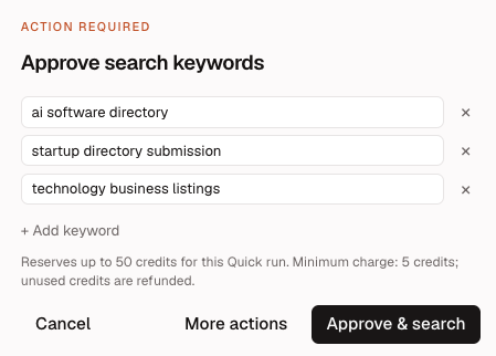 Directory search keyword approval card
