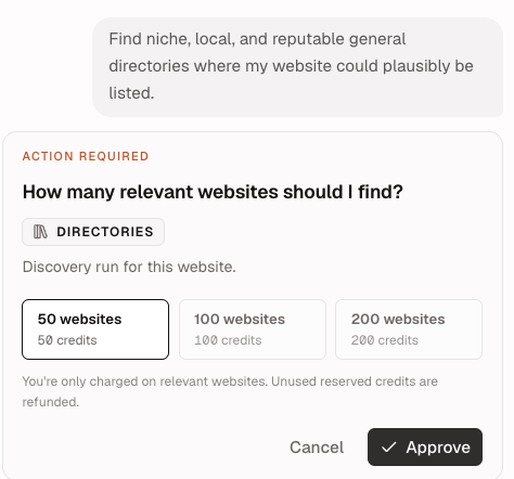 Directories approval card offering 50, 100, or 200 websites