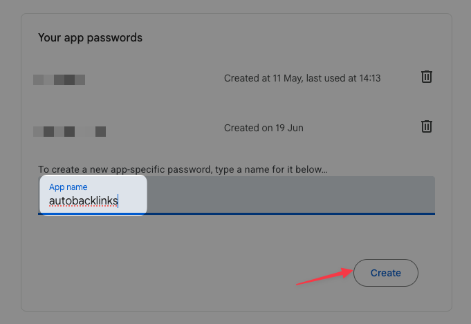 Google App passwords form named AutoBacklinks with the Create button highlighted