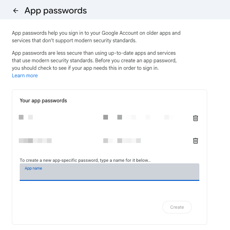 Google Account App passwords page with the app name field
