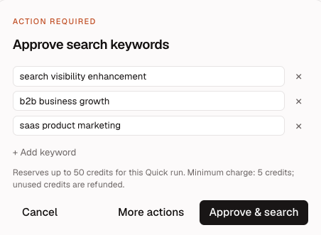 AI Agent approval card with editable guest-post search keywords