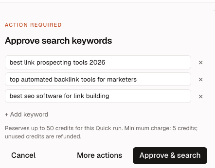 AI Agent approval card with editable listicle search keywords