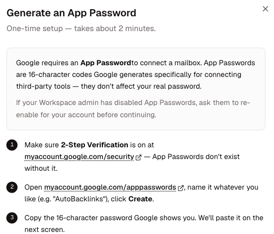 Google app password instructions for connecting a mailbox