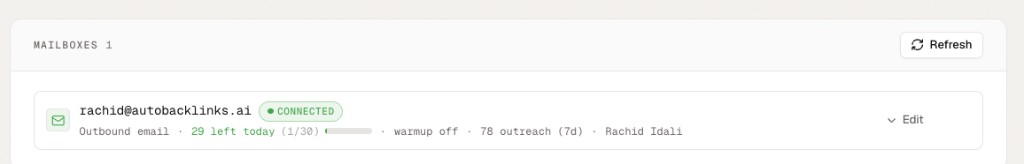 Connected mailbox row showing its status and warmup state