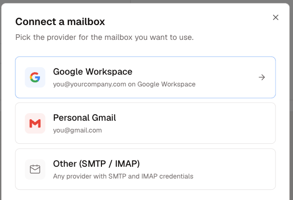 Mailbox provider picker with Google Workspace, Personal Gmail, and SMTP or IMAP
