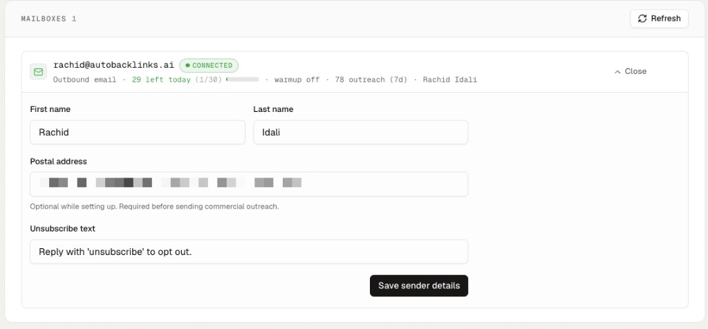 Connected mailbox form with sender name and unsubscribe text