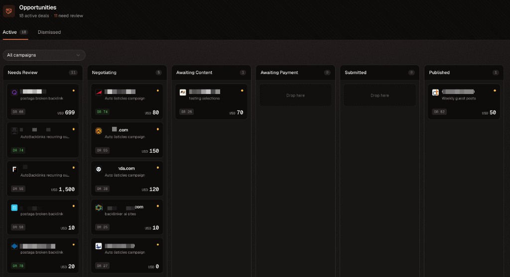 Opportunities board containing publisher replies and extracted commercial terms