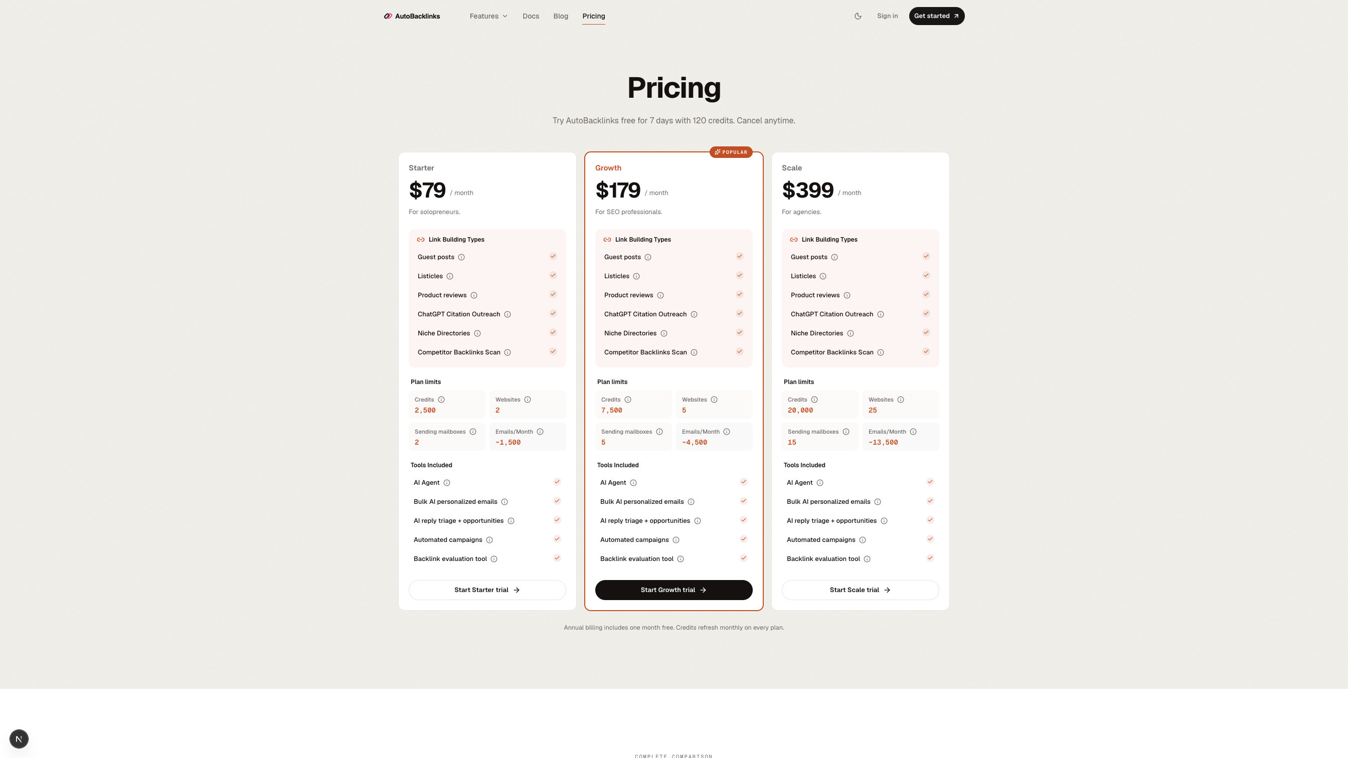 AutoBacklinks pricing comparison showing the website and mailbox limits for Starter, Growth, and Scale
