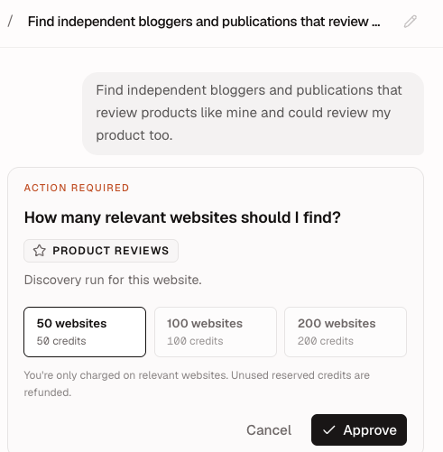 Product Reviews approval card offering 50, 100, or 200 websites