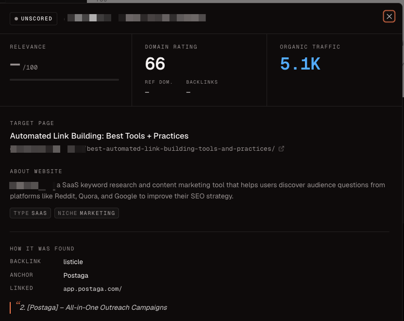Prospect details showing relevance, domain rating, organic traffic, target page, and the backlink that was found