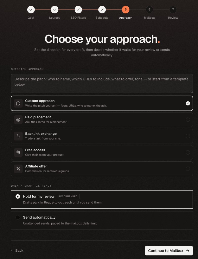 Campaign setup approach step with outreach templates and review or automatic sending