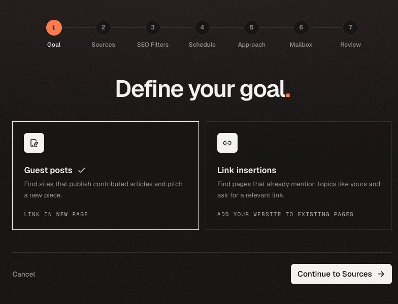 Campaign setup goal step with Guest posts and Link insertions