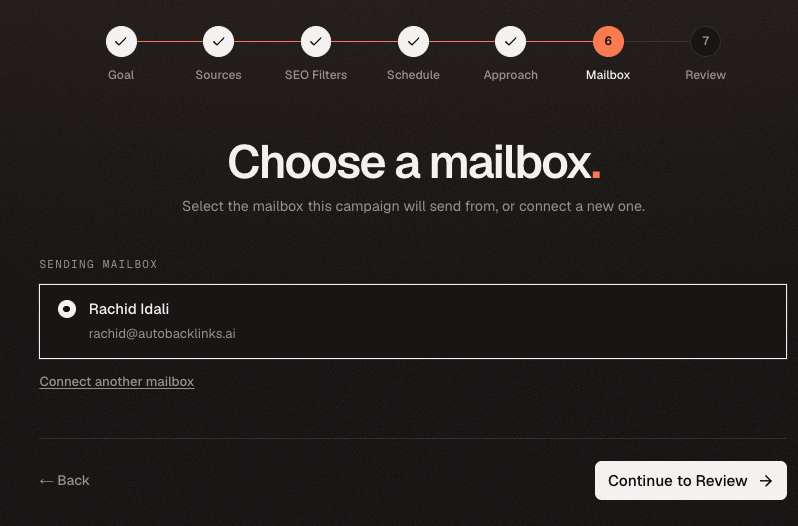 Campaign setup mailbox step with a selected sending address