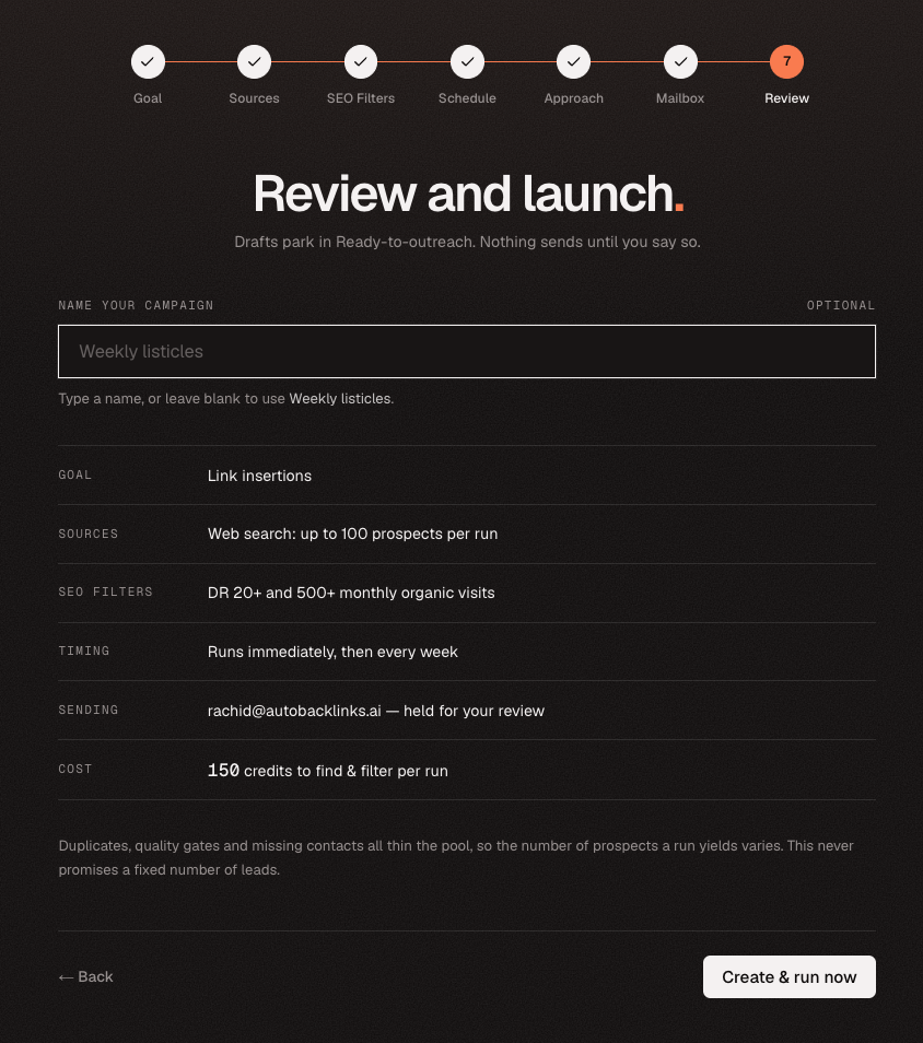 Campaign setup review step summarizing all campaign rules and estimated cost