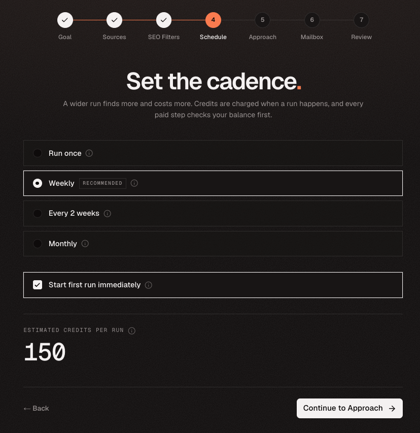 Campaign setup schedule step with one-time and recurring cadence options