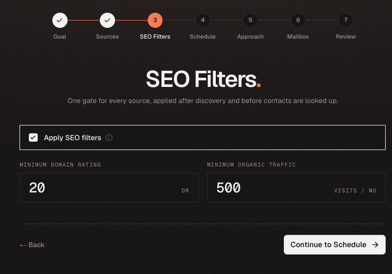 Campaign setup SEO Filters step with minimum Domain Rating and organic traffic