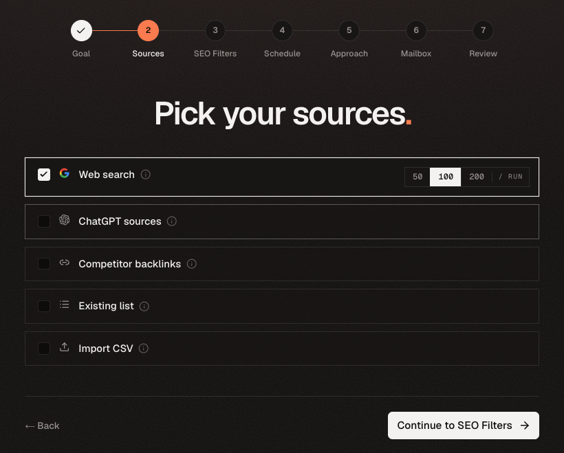 Campaign setup sources step with web search, ChatGPT, competitor backlinks, existing list, and CSV import