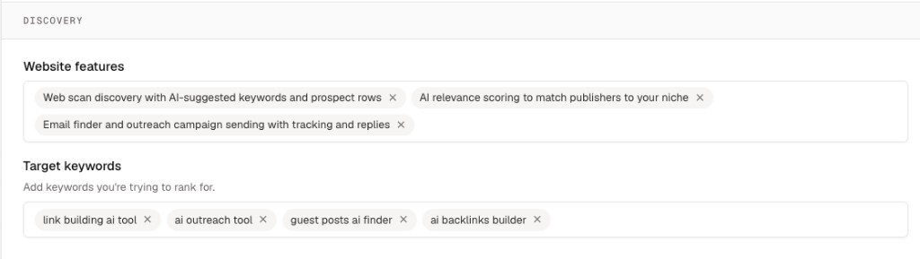 Website discovery settings showing website features and target keywords