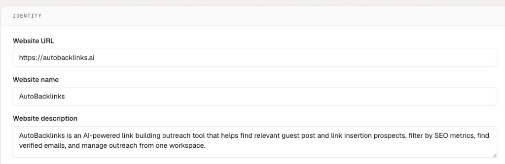 Website settings showing the website URL, name, and description fields