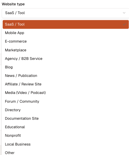 Website type menu listing the available business and publication types